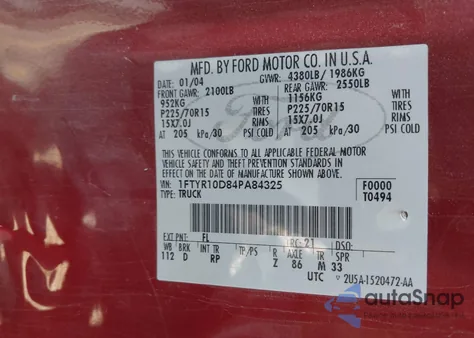 2004 Ford Ranger Xl/Xlt из США, поврежденный, VIN 1FTYR10D84PA84325